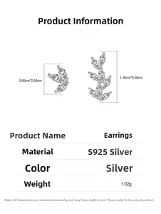 Detailed S925 sterling silver leaf studs with marquise-cut zircon and size measurements
