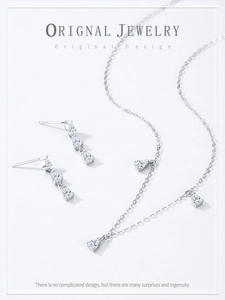 Detailed view of the sparkling S925 silver necklace and earrings with pear-cut zircon stones