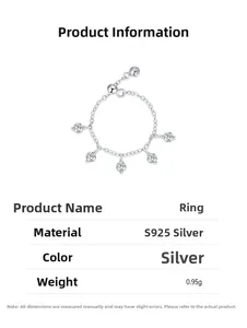 Detail view of S925 sterling silver chain ring with five circular zircon pendants