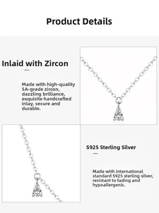 Detail showing S925 sterling silver chain with hand-set 5A grade zircon teardrop pendant