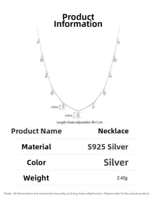 Detail of S925 sterling silver necklace with cubic zirconia and size specifications