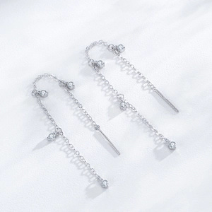 Minimalist S925 sterling silver long tassel threader earrings with sparkling cubic zirconia