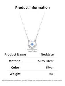 Technical drawing of S925 silver horseshoe necklace with blue zircon and size parameters