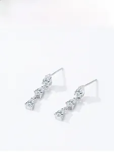 Detail view of S925 sterling silver earrings with three drop-shaped zircon crystals