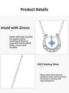Detailed macro view of S925 sterling silver horseshoe pendant with blue zircon stones