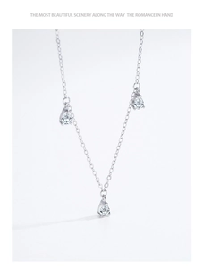 Detail of S925 sterling silver necklace with three elegant water drop zircon pendants
