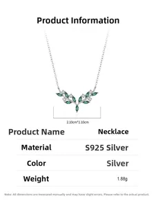 Detailed specs of S925 silver necklace featuring green olive leaf pendant and dimensions