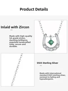 Detailed macro view of S925 sterling silver horseshoe necklace with green zircon gemstone