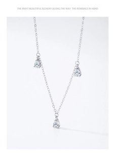 Close-up of S925 silver necklace featuring three tiered pear-shaped zircon drop pendants