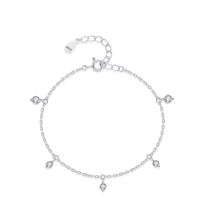 Minimalist S925 sterling silver chain bracelet with five round zircon pendants on white background