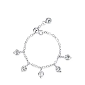 S925 Sterling Silver Adjustable Chain Ring For Women With Round Zirconia Dangle Charms Minimalist Fashion Commuting Jewelry