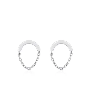 Élégantes Boucles d'Oreilles Clous Anneau à Chaîne Intégrée en Argent Sterling 925 Bijoux de Mode Géométriques Polis pour Femmes