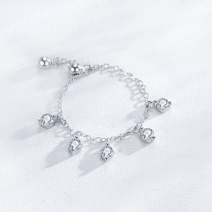 Adjustable S925 sterling silver chain ring featuring five dangling round zircon charms