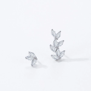 Elegant S925 sterling silver asymmetrical leaf stud earrings with marquise-cut zircons