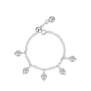 S925 sterling silver chain ring with six hanging round clear zircon stones and slider