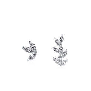 Asymmetric S925 sterling silver leaf earrings with marquise-cut marquise zircon stones