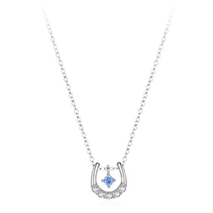 925 Sterling Silver Blue Zirconia Horseshoe Necklace For Women Minimalist Lucky U-Shaped Pendant Necklace Fashion Jewelry Gift