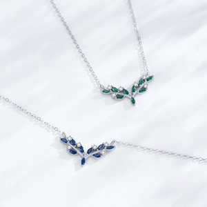 Elegant S925 silver necklace with olive branch pendant in green and blue zircon