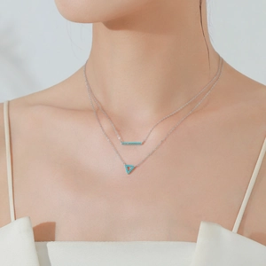 Double-layered S925 sterling silver turquoise necklace with bar and triangle pendants
