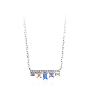 S925 Sterling Silber Halskette mit bunten quadratischen Zirkonia Anhängern an feiner Kette
