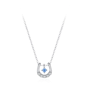Elegant S925 silver U-shape horseshoe necklace with blue zircon and white sparkling stones