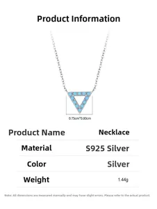 Detailed S925 sterling silver triangle necklace specs with turquoise inlay and measurements