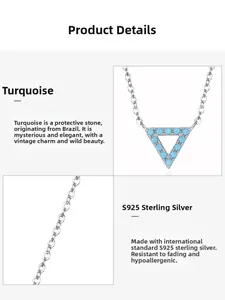 Detailed close-up of S925 sterling silver necklace with turquoise triangular pendant