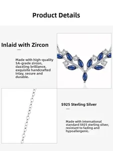 Macro detail of S925 sterling silver antler necklace with blue marquise-cut 5A zircon stones