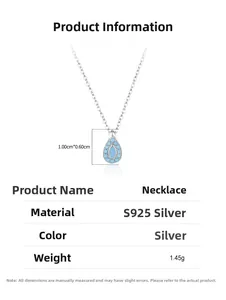 Macro detail of S925 silver teardrop pendant necklace with turquoise stone and dimensions