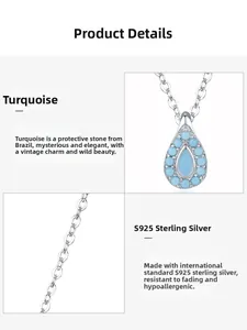 Detail of S925 sterling silver necklace with teardrop turquoise pendant and chain