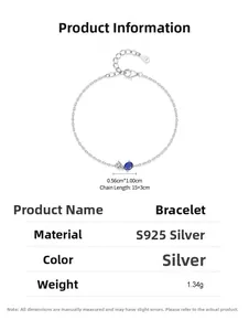 Detail view of S925 sterling silver bracelet with blue gemstone and dimensions