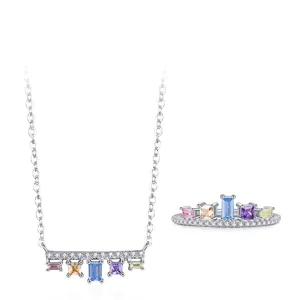 Parure de Bijoux en Argent Sterling S925 Zirconia Multicolore Collier Pendentif Rectangulaire Géométrique Bague Arc-en-Ciel Femme