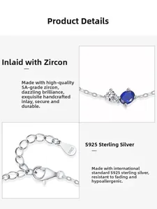 Detail of S925 sterling silver bracelet with blue oval gemstone and teardrop zircon