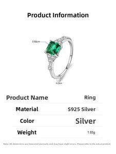 Detailed S925 silver ring specifications showing emerald cut green gemstone and 0.60cm size