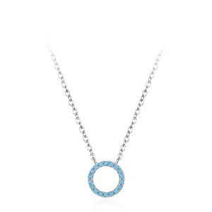 Collier en Argent Sterling 925 Géométrique Rond Creux Turquoise pour Femmes Chaîne de Clavicule Bijoux Minimalistes