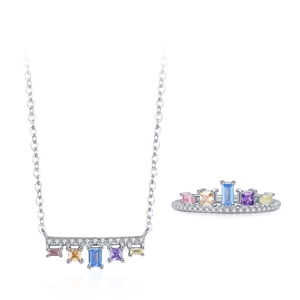 Parure élégante en argent 925 avec collier et bague sertis de zircons géométriques colorés