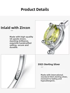Detail of S925 sterling silver ring with oval olive green 5A zircon and S925 hallmark