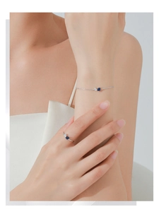Detail of S925 sterling silver jewelry set with blue round and pear-shaped stones