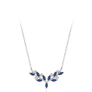 925 Sterling Silver Antler Pendant Necklace For Women Blue Marquis Zirconia Elegant Deer Horn Clavicle Chain Jewelry Gift