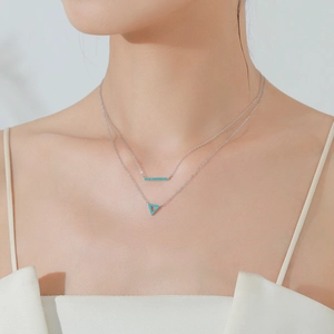 Double-layered S925 sterling silver turquoise necklace with geometric pendants for women
