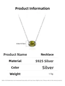 Detail of S925 sterling silver necklace with a 0.50cm by 0.70cm olive green oval pendant