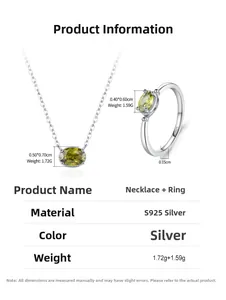 Vue détaillée parure bijoux argent S925 avec gemmes vert olive et dimensions des produits
