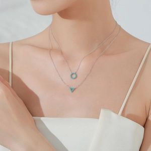 S925 silver double-layered necklace with turquoise geometric triangle and circle charms