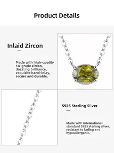 Macro detail of S925 sterling silver necklace featuring 5A olive green oval zircon stone