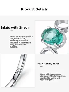 Detail view of S925 sterling silver ring with oval green zircon and S925 hallmark engraving