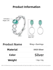 Macro view of S925 silver jewelry set details with green oval gems and ring weight specs