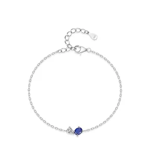 Minimalist 925 Sterling Silver Geometric Bracelet For Women Dainty Blue White Zirconia Inlaid Adjustable Chain Jewelry Gift