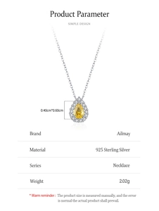 Macro shot of 925 sterling silver pear-shaped yellow gem necklace with dimensions info