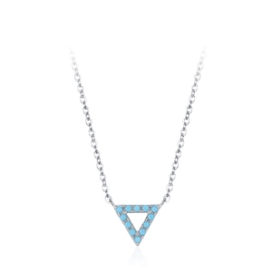 Minimalist S925 sterling silver necklace with hollow triangle turquoise pendant on white background