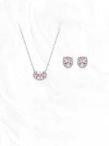 Dettagli del set gioielli in argento S925 con pietre rosa ovali e aloni di diamanti